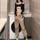 Off-shoulder Long-sleeve Crop Top/ Cropped Pinafore Jumpsuit