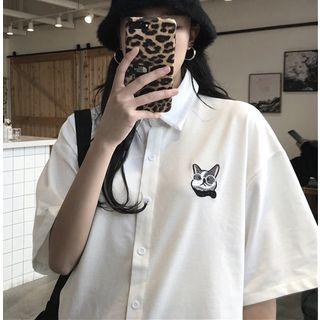 Elbow-sleeve Animal Embroidery Shirt