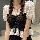 Mock Two-piece Short-sleeve V-neck Drawstring Top
