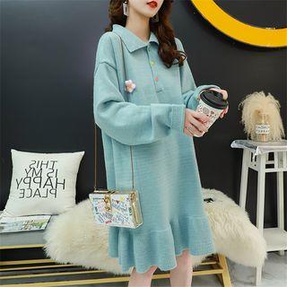 Flower Detail Ruffle Hem Long-sleeve Knit Collared Dress