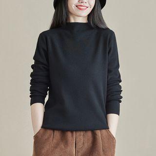 Mock-neck Plain Knit Top Black - One Size
