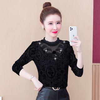 Long-sleeve Mesh Panel Mock-neck Print Blouse