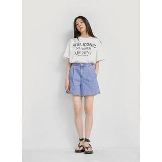 Band-waist Pintuck-front Denim Shorts