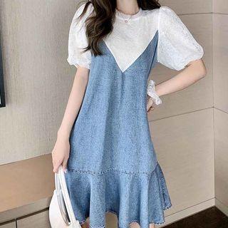 Mock Two-piece Denim Panel A-line Dress