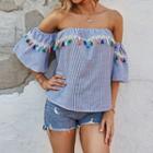 Elbow-sleeve Off-shoulder Tasseled Striped Top