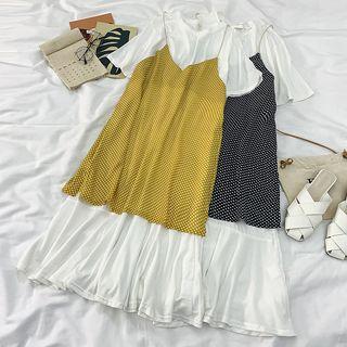 Set: Elbow-sleeve Midi T-shirt Dress + Spaghetti Strap Polka Dot Mini Dress