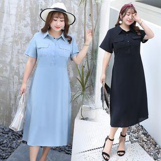 Short-sleeve Pocketed Midi Shift Dress