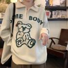 Cartoon Bear Print Half-zip Sweater