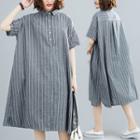 Pinstriped Short-sleeve Half-button Midi Shirtdress As Shown In Figure - One Size