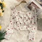 Long-sleeve Floral Print Crop Top White - One Size