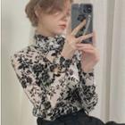 Long-sleeve Mock-neck Floral Print Top As Figure - One Size