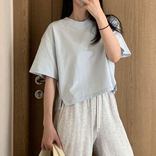 Elbow-sleeve Slit T-shirt Light Blue - One Size