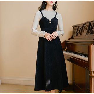 Set: Lace Trim Ribbed Knit Top + Spaghetti Strap Midi Pinafore Dress
