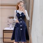 Set: Long-sleeve T-shirt + Midi A-line Denim Pinafore Dress