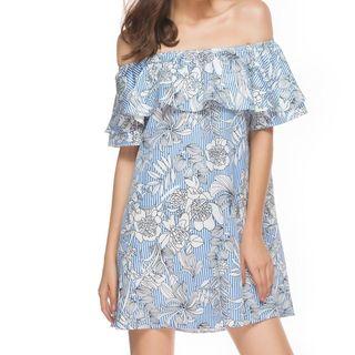 Floral Print Loose-fit Striped Frill Panel Sheath Dress
