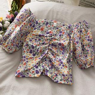 Off-shoulder Ruched Floral Crop Blouse