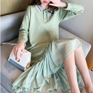 Collared Long-sleeve Panel Midi Knit Dress