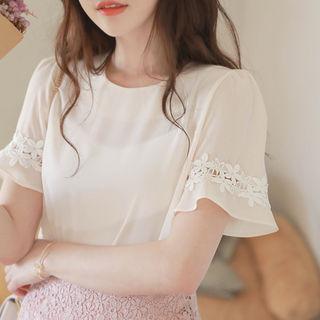 Laced Short-sleeve Chiffon Top