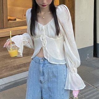 Puff-sleeve Lace-up Chiffon Top White - One Size