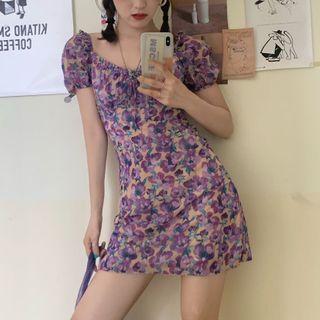 Floral Square-neck Drawstring Slim Fit Dress