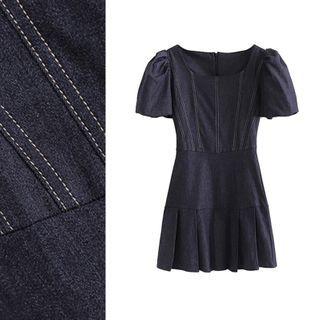 Contrast Stitching Puff-sleeve Mini A-line Dress