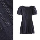 Contrast Stitching Puff-sleeve Mini A-line Dress