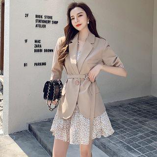 Set: Elbow-sleeve Single-button Blazer + Heart Print Spaghetti Strap Shift Dress