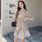 Set: Elbow-sleeve Single-button Blazer + Heart Print Spaghetti Strap Shift Dress