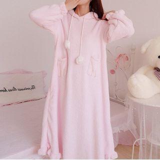 Pom Pom Hooded Midi Fleece Sleep Dress