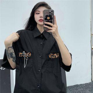 Elbow-sleeve Leopard Print Trim Chained Shirt