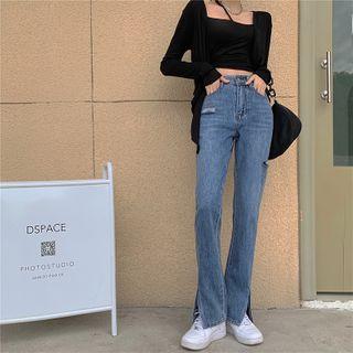 Distressed High-waist Slit Boot-cut Jeans