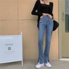 Distressed High-waist Slit Boot-cut Jeans