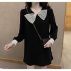 Ribbon Long-sleeve Mini A-line Dress Black - One Size