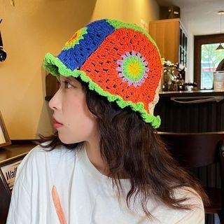 Flower Knit Hat Green & Blue & Purple - 56cm To 58cm