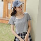 Mock Two-piece Short-sleeve Scoop-neck Crop Top