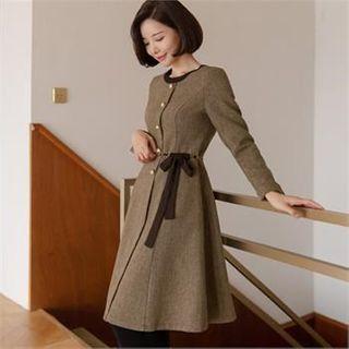 Faux-pearl Button A-line Dress With Chain Belt