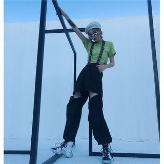 High-waist Plain Cargo Zip Straight-cut Pants