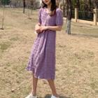Short-sleeve Crinkled Midi A-line Dress Purple - One Size
