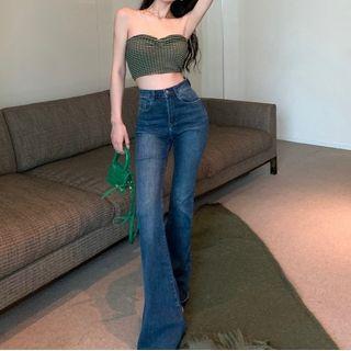 High Waist Bootcut Jeans / Plaid Tube Top