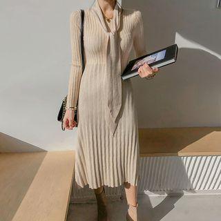 Scarf-neck Accordion-pleat Knit Dress
