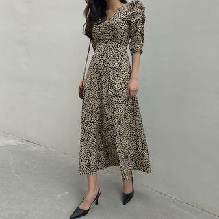 Puff-sleeve Maxi Leopard Dress