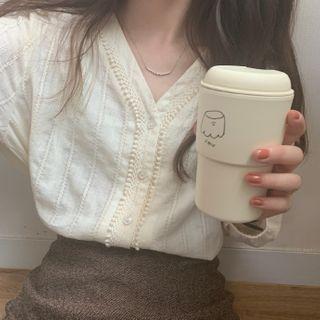 Long-sleeve Lace Trim Buttoned V-neck Blouse