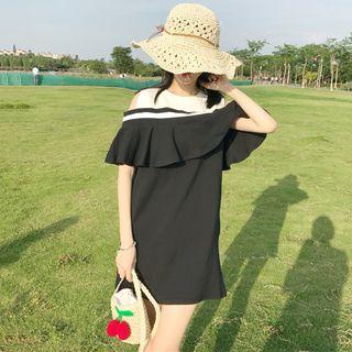 Flounced Shoulder-cutout Short-sleeve Shift Dress