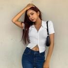 Collared Zip-front Slim Knit Top