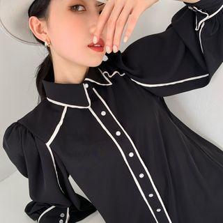 Color-block Puff-sleeve Blouse