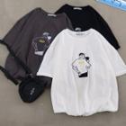 Elbow-sleeve Embroidered Cartoon T-shirt