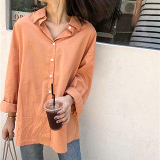 Plain Long-sleeve Loose-fit Shirt Orange Red - One Size