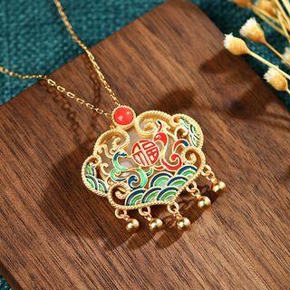 Chinese Characters Glaze Pendant Faux Gemstone Alloy Necklace Cp604 - Gold - One Size