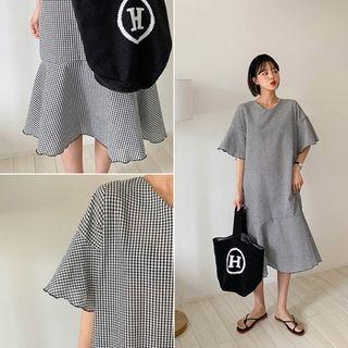 Bell-sleeve Ruffle-hem Boxy Midi Gingham Dress