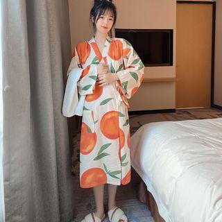 Long-sleeve Print Wrap Midi Sleep Dress